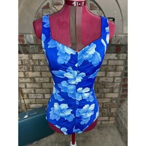 Maxine of hollywood one piece swimsuit floral blue white ruched front